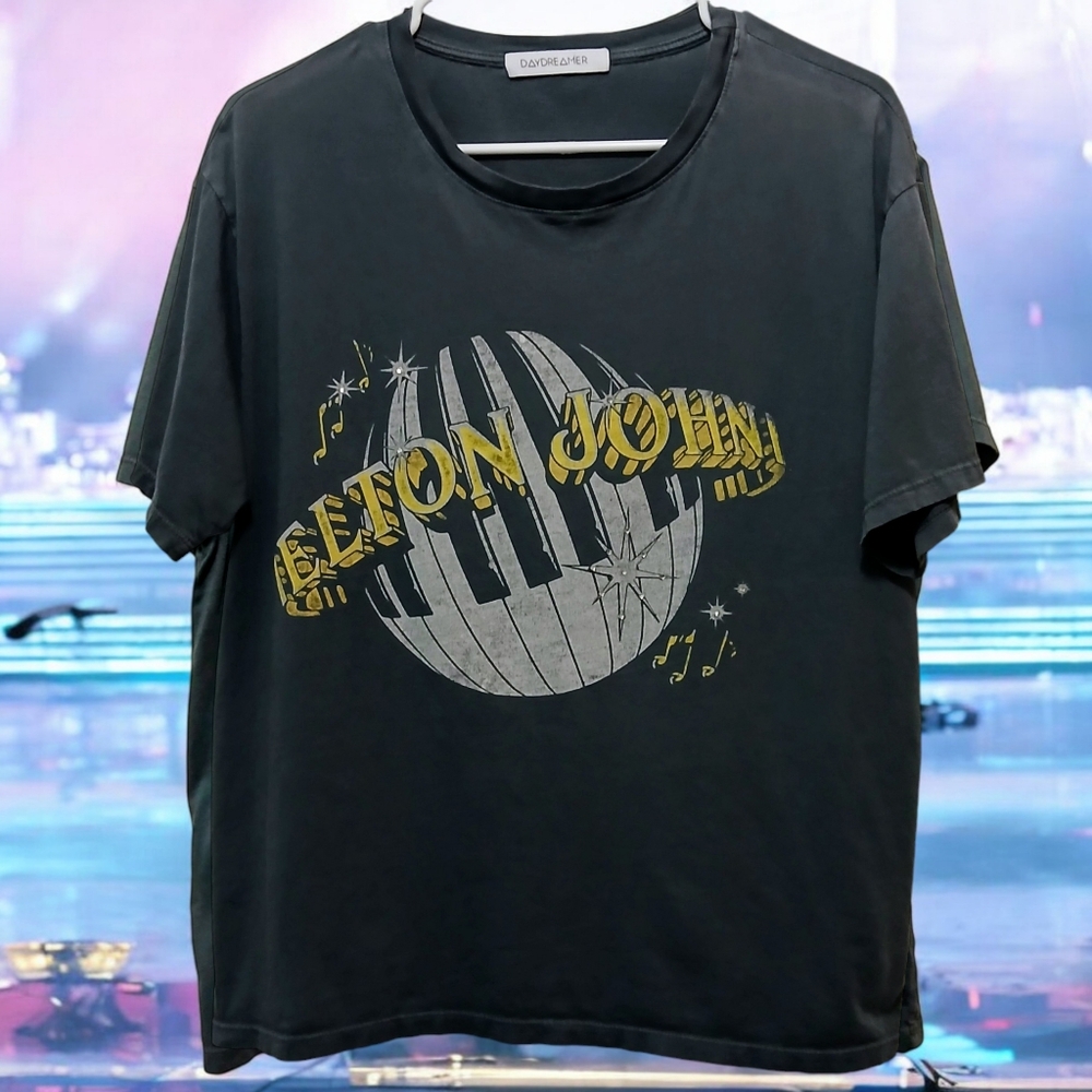 Daydreamer Elton John Graphic Tee in Black with Yellow Accents